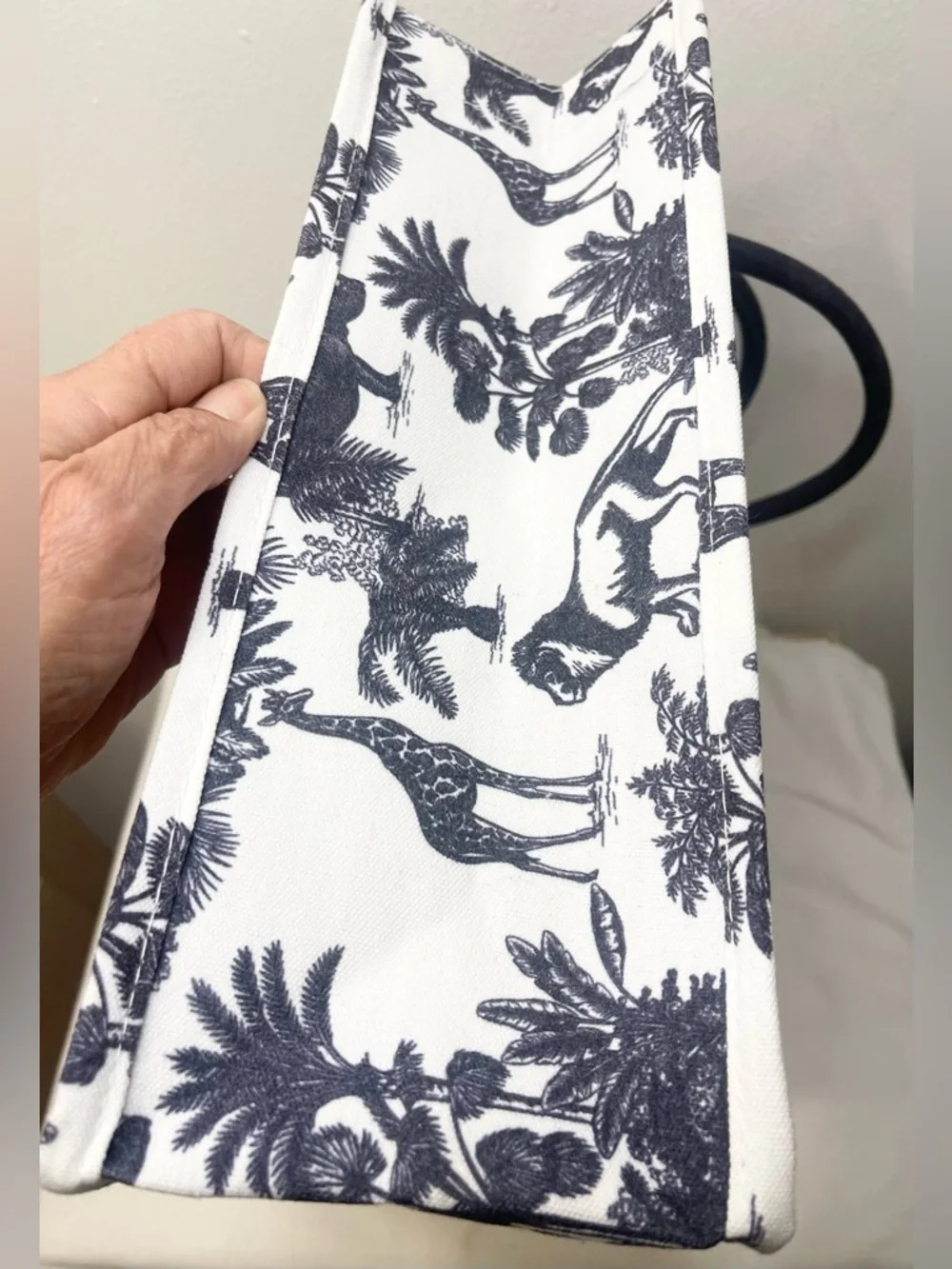 Monochrome Safari Print Tote Bag with Blue Handles